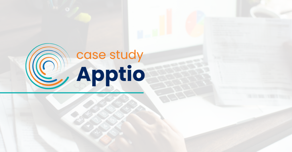 apptio case study _ full circle insights icon logo_calculator and laptop with a report pulled up in the background