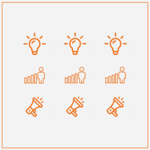 icons: Light bulbs graph with person outline, megaphone (icons repeat three times) 