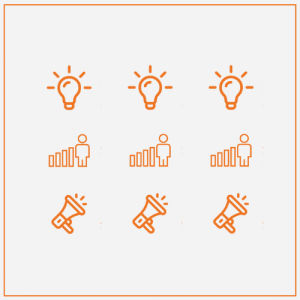 icons: Light bulbs graph with person outline, megaphone (icons repeat three times) 