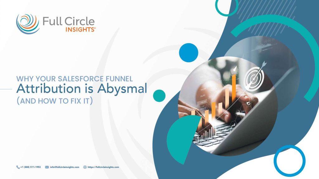 Why Your Salesforce Funnel Attribution is Abysmal (and how to fix it) ebook Full Circle Insights logo person leaning over laptop looking at reports