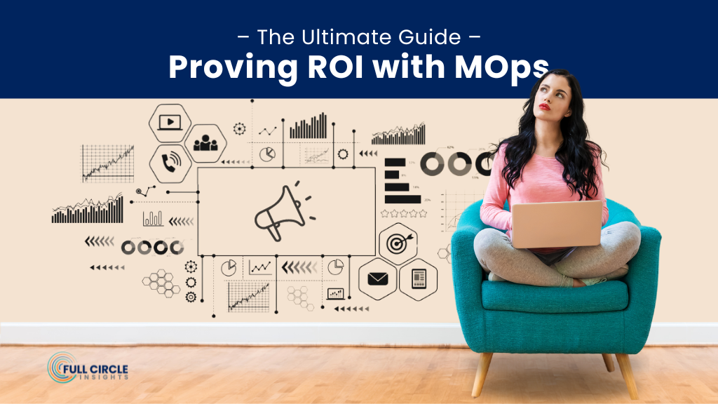 proving ROI with MOps: the Ultimate Guide ___ reporting written on wall - bar graphs, pie graphs, line charts, etc woman with brown hair sitting cross legged in teal accent chair with laptop in lap, she is looking up as if thinking about ROI and MOps ___ Full Circle Insights logo