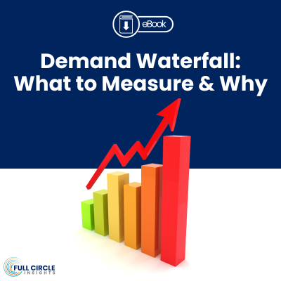 Demand Waterfall: What to Measure & Why_ebook_ebookicon_full circle insights logo_red, orange, yellow, green bar graph with red arrow