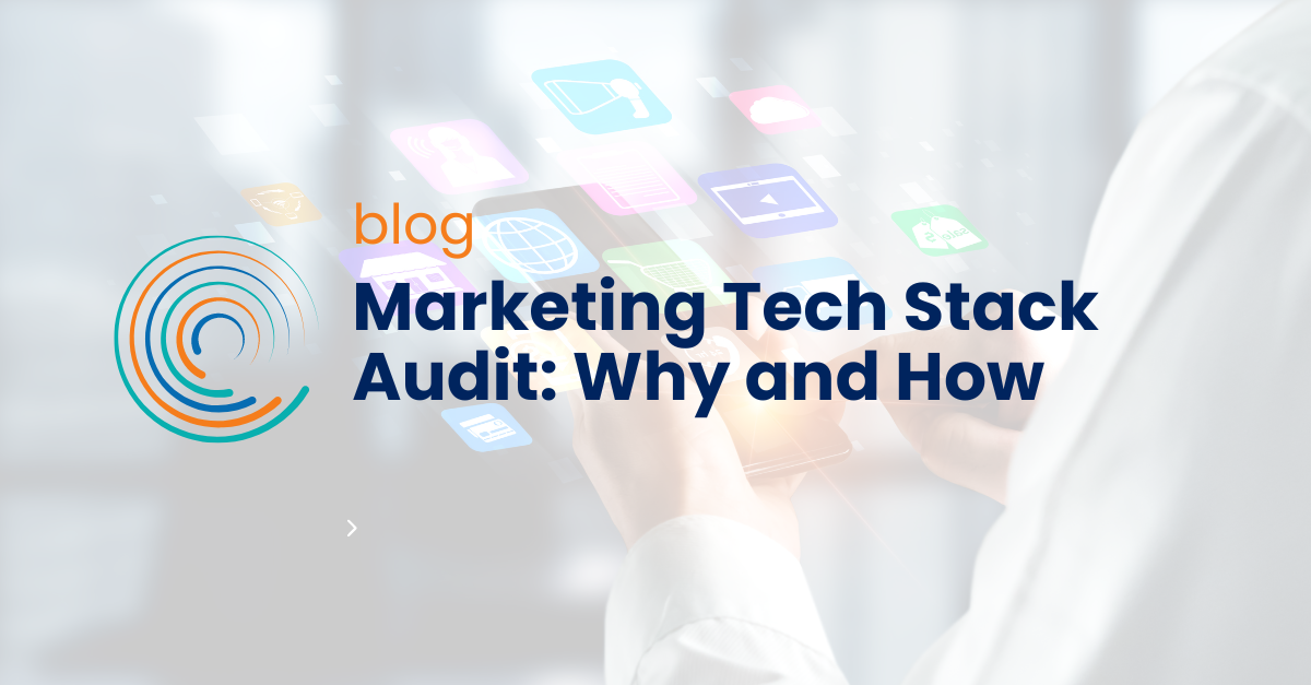 Marketing Tech Stack Audit: Why and How blog- full circle icon logo _ person looking at ipad with apps flying off screen