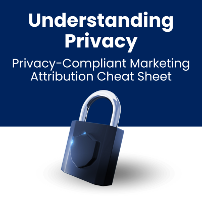 Understanding Privacy - Privacy-Compliant Marketing Attribution Cheat Sheet - lock with shadow, blue and white background
