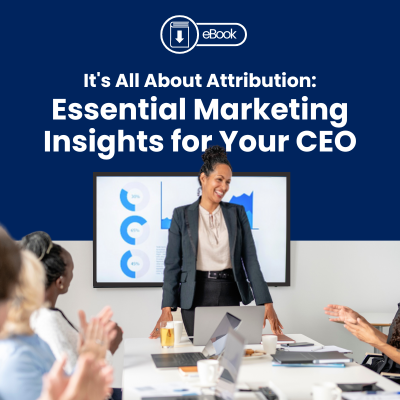 Essential Marketing Insights for Your CEO _ebook icon_ Full Circle Insights logo _ woman in black suit presenting data in a meeting , people around conference table clapping