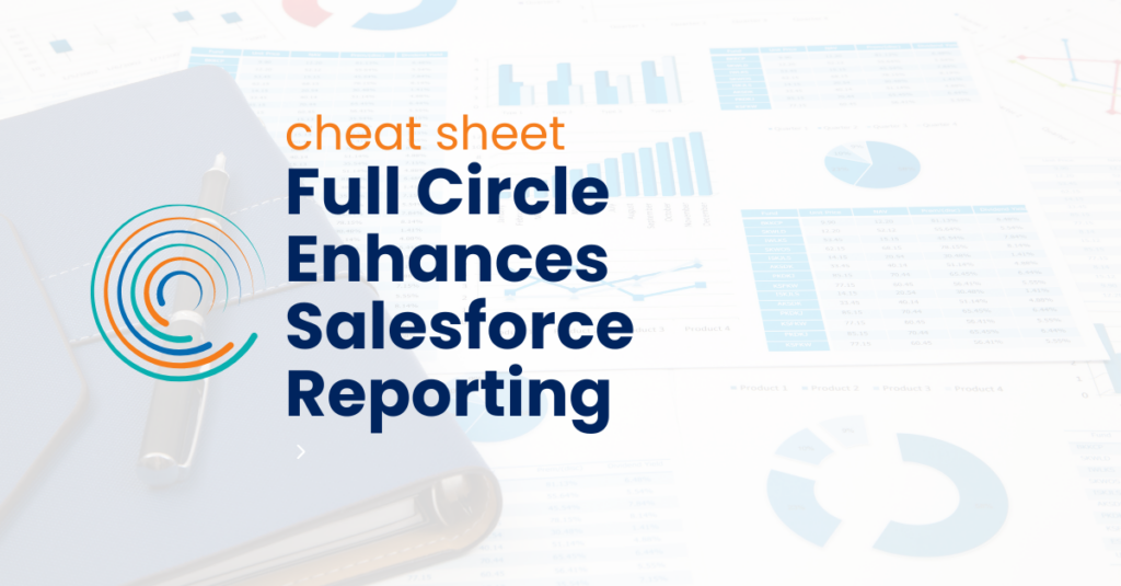 Full Circle Enhances Salesforce Reporting_cheat sheet - Full Circle Insights logo icon _reporting papers in background