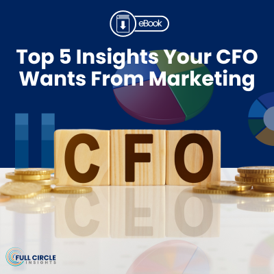Top 5 Insights Your CFO Wants From Marketing - ebook icon - CFO on blocks, bar graph, pie chart, coins, full circle insights logo