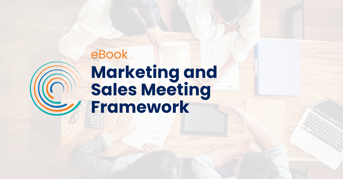 Marketing and Sales Meeting Framework ebook _ full circle icon logo_meeting in background shot from above - people around a table with laptops and notebooks