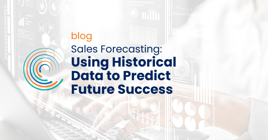 Using Historical Data to Predict Future Success Sales Forecasting blog _ full circle Insights logo icon _ person typing with data on screen