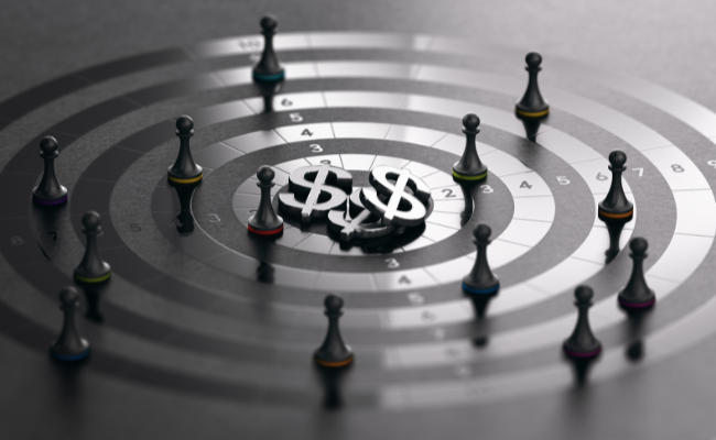 chess pawns on target moving toward dollar signs in middle - silver and black - full circle insights future of ai attribution