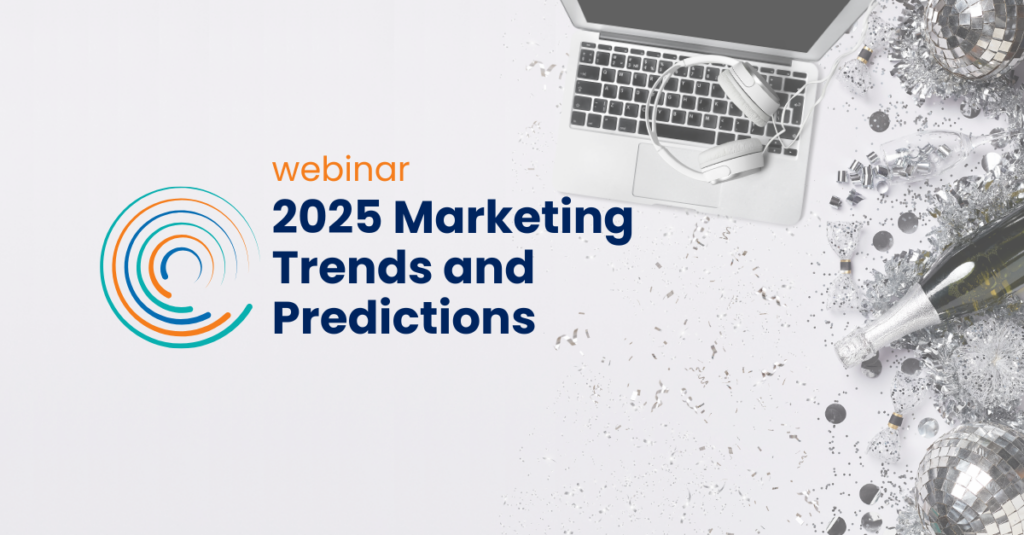 2025 Marketing Trends and Predictions - Webinar Party favors and laptop with headphones in back Full Circle Insights logo icon